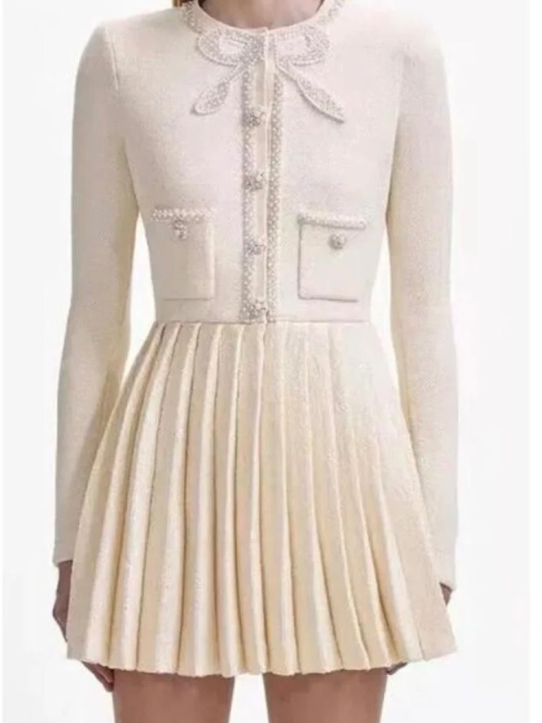 Self-Portrait Pearl Bow Embellished Knit Pleated Mini Dress Ivory - Size L